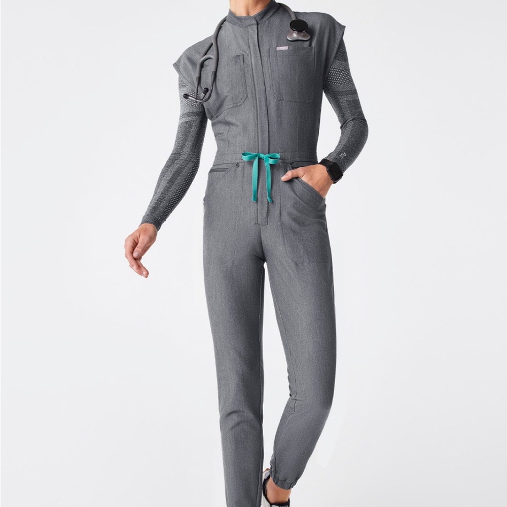 Figs Charcoal Jumpsuit with Teal Accent